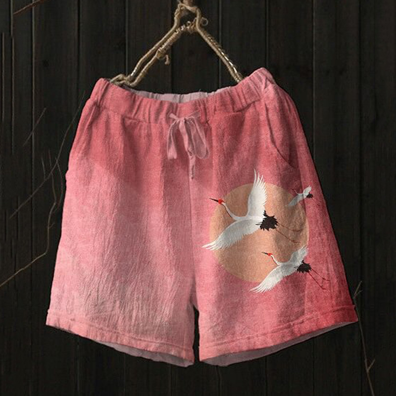 Women's Casual Flying Crane Retro Art Print Shorts