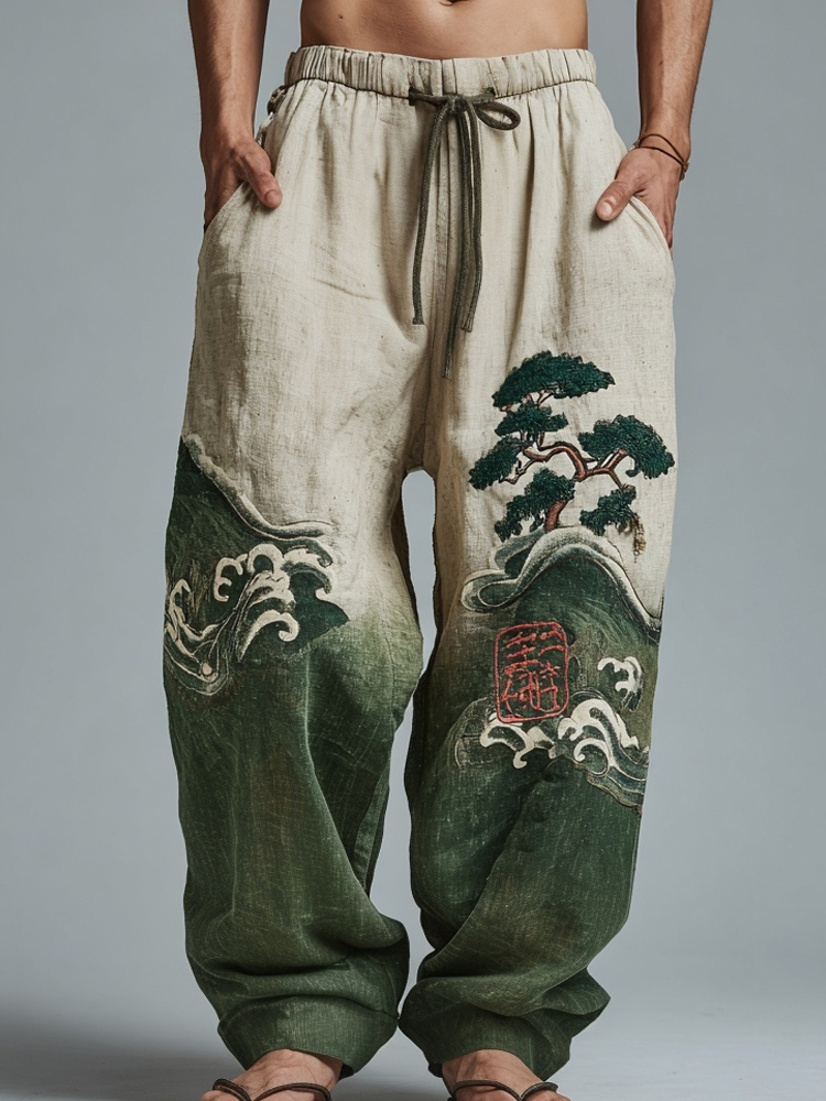 Men's Japanese Waves & Pine Tree Embroidered Linen Trousers  artssus