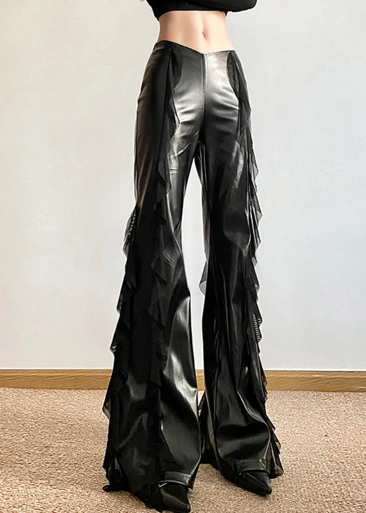 Fashion Black Ruffled Patchwork Asymmetrical Faux Leather Wide Leg Pants