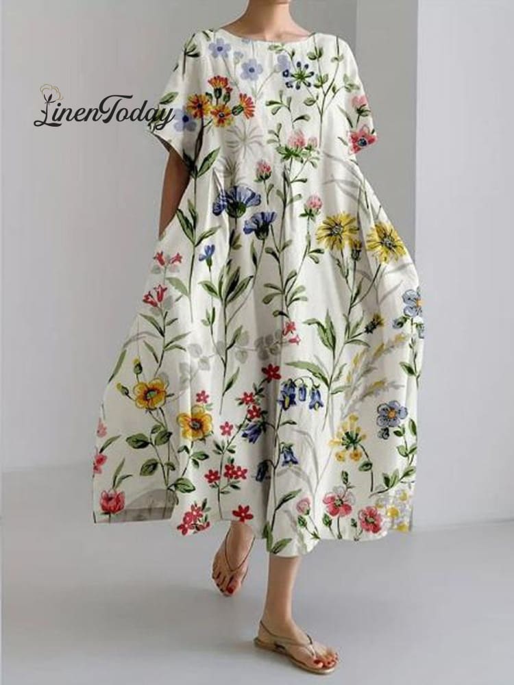 Women&rsquo;s Vintage Lovely Floral Art Print Large Size Loose Casual Dress Multicolor / S