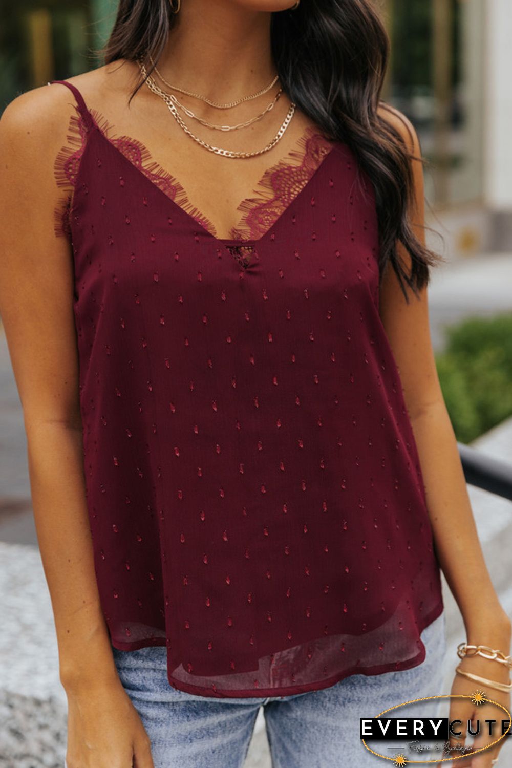 Red Eyelash Lace Trim Textured Cami Top