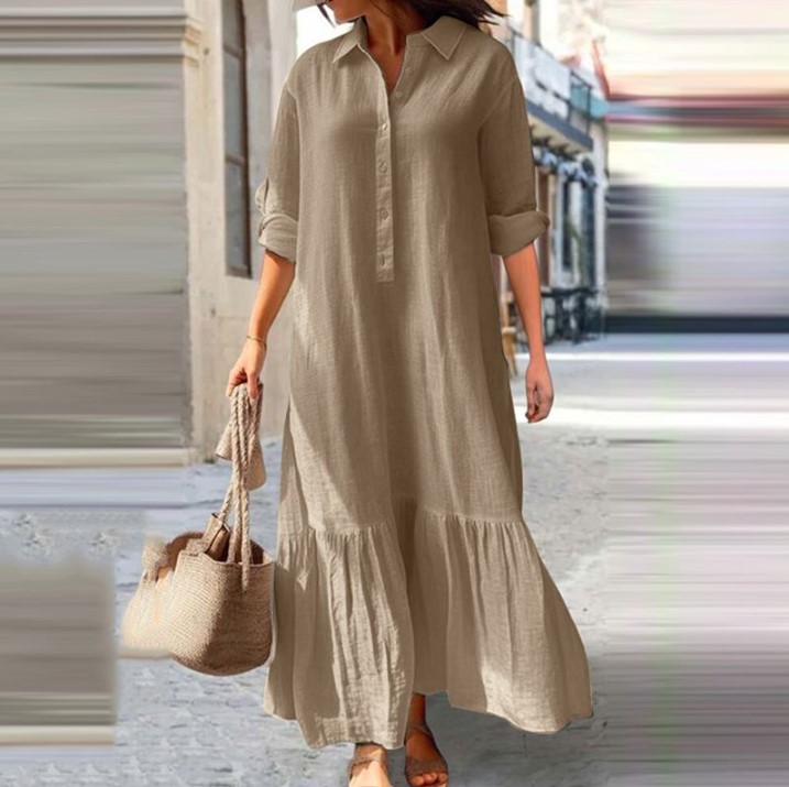 Plus Size Linen Irregular Hem Shirt Collar Button Dress