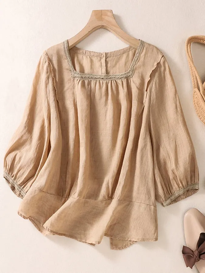 Cotton Linen Square Neck Loose Pullover Shirt