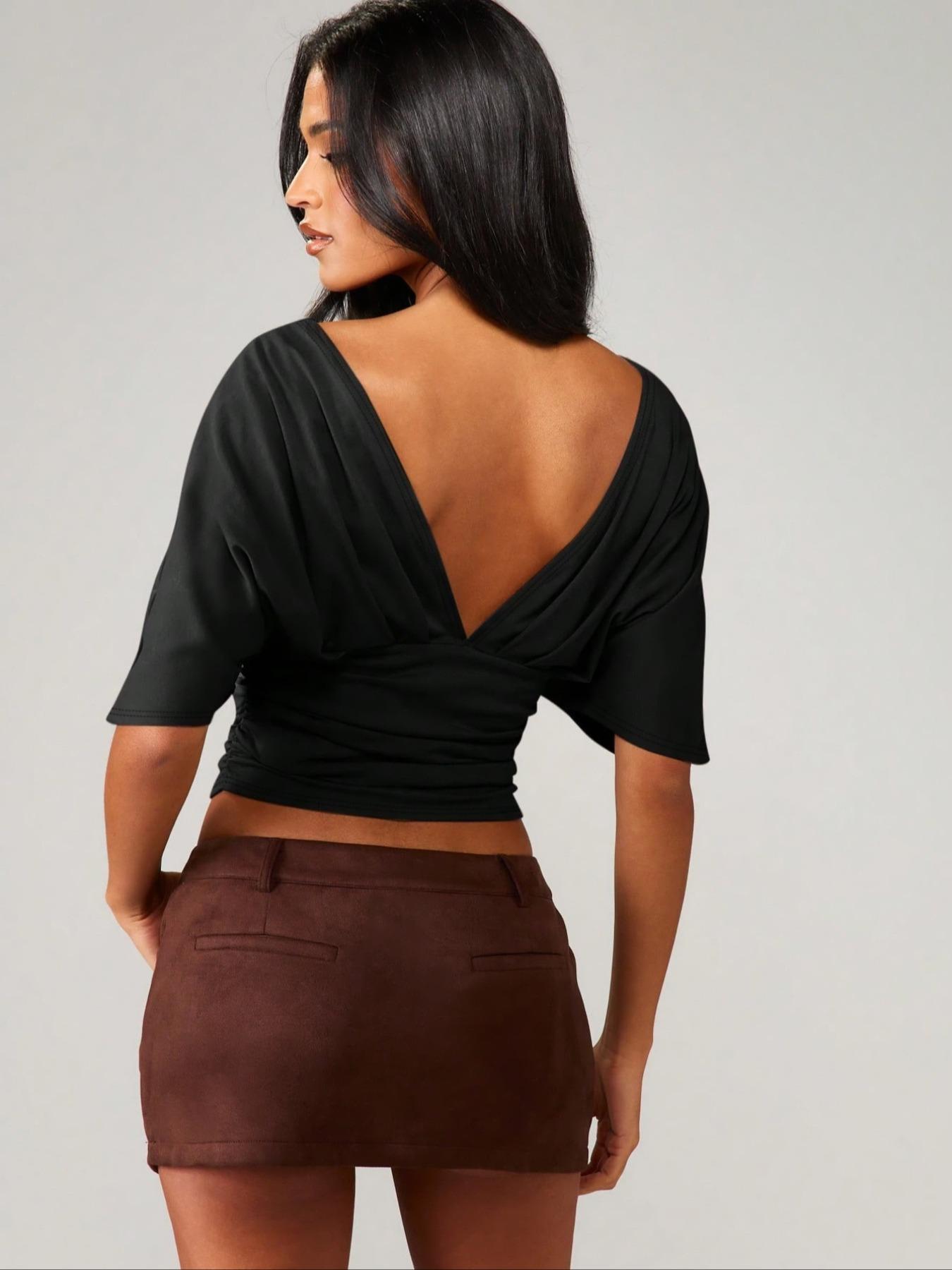 Women's Fashion Comfortable Casual Waist Cinched Slimming Fit V-Neck Backless Simple Bodycon Top, Stylish and Versatile Womenswear