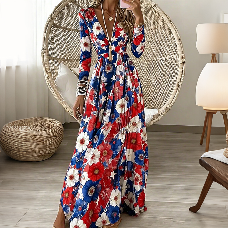 Comstylish Women's Flag Floral Dress V Neck Long Sleeve A Line Dress