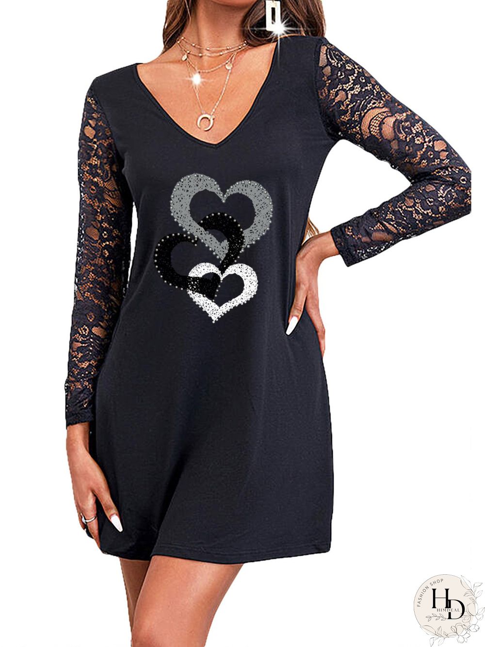 V Neck Three Heart Lace Sleeve Shift Dress