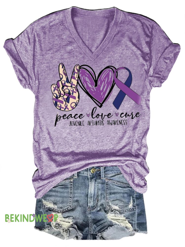 Peace Love Cure Juvenile Arthritis Printed V-Neck Short Sleeve T-Shirt Purple / S