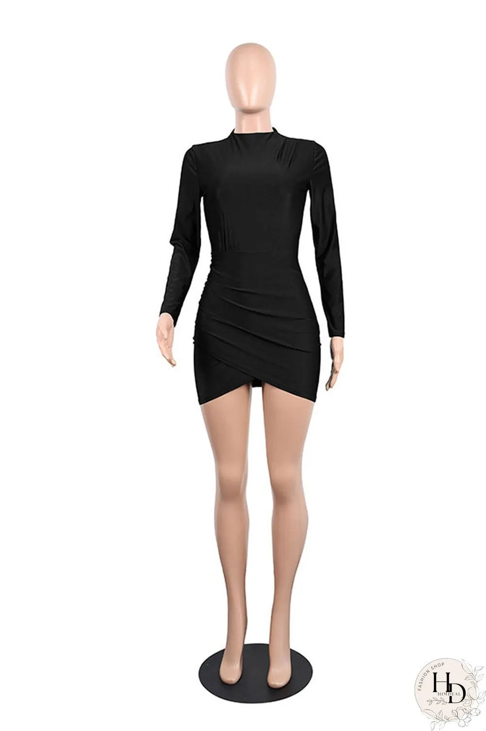 Blue Polyester Long Sleeve Mid Solid Hip skirt shorts
