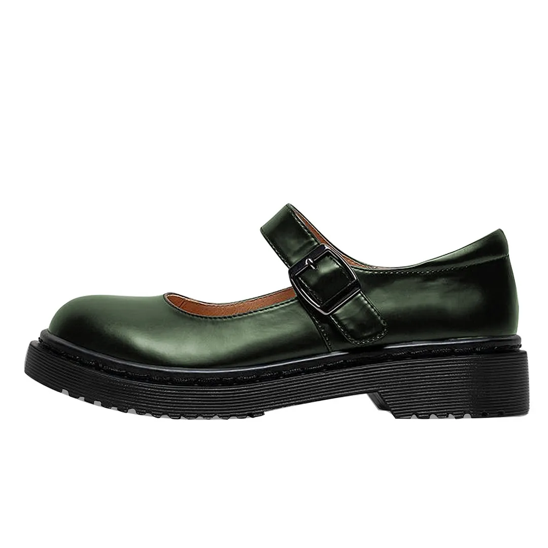 Dark Green Vegan Leather Round Toe Mary Jane Shoes with Bold Platform