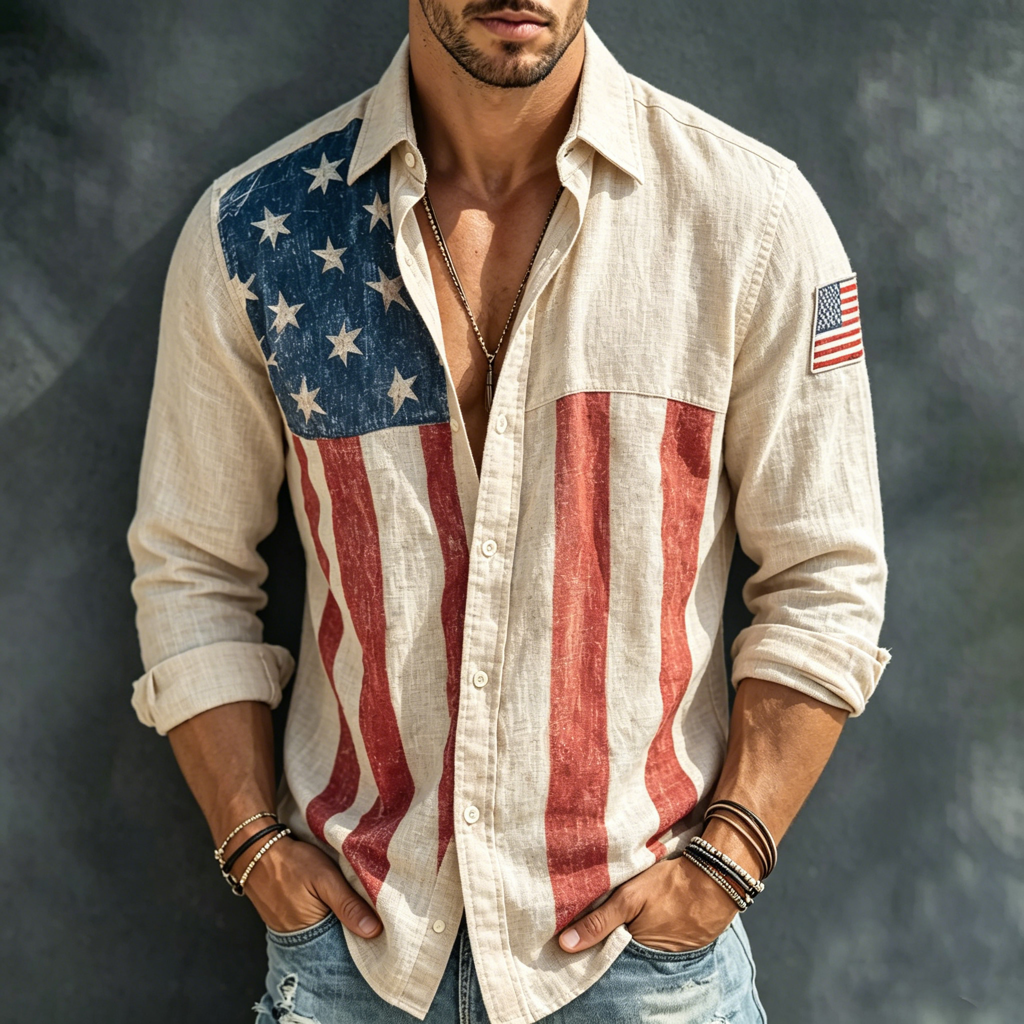Comstylish Men's Flag Print Long Sleeve Casual Shirt