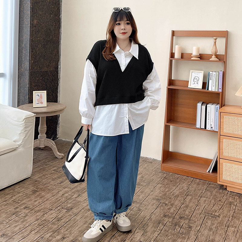 Plus-Size Autumn Chic Layered-Look Striped Polo Shirt for Women