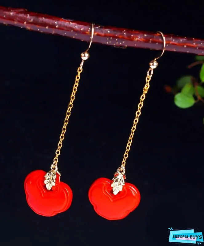Skinny Red Sterling Silver Overgild Cinnabar Ruyi Drop Earrings