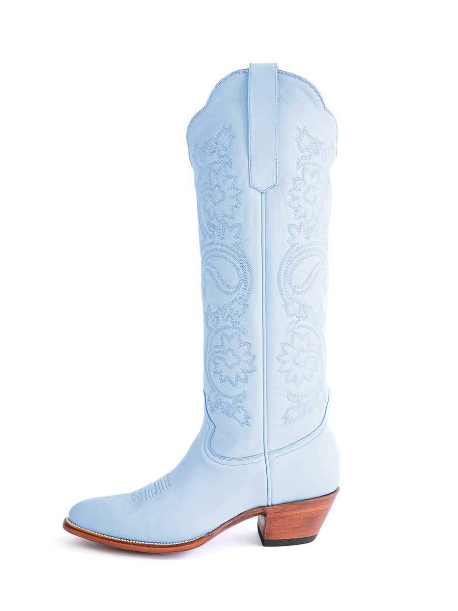Light Blue Almond Toe Floral Embroidered Knee Western Boots for Women