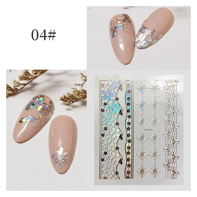 3D Flower Lace Nail Stickers iridescent Bronzing Floral Leaf Transfer Stickers For Nails Manicuring Accessories