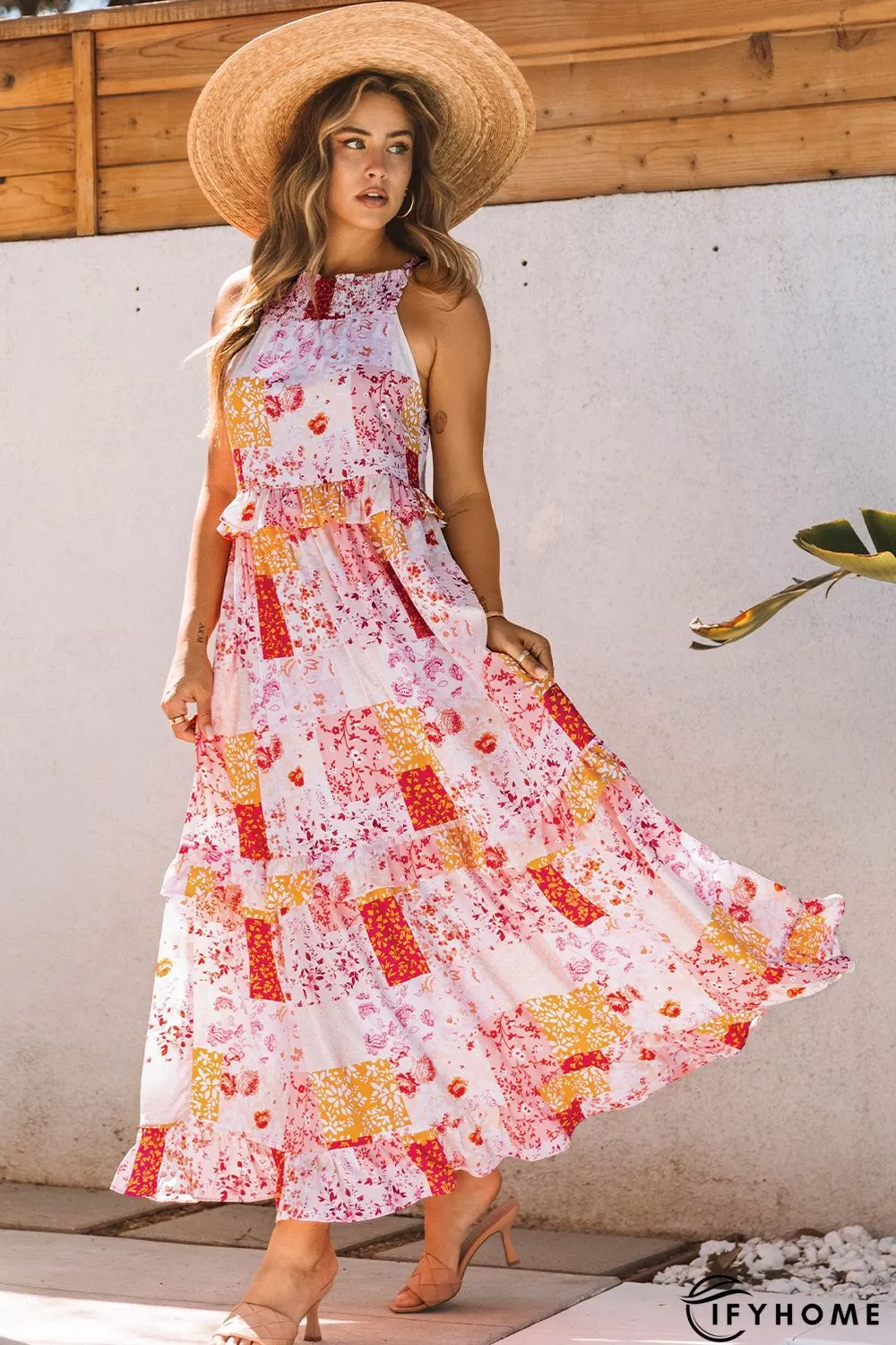 Multicolor Boho Geometric Floral Print Sleeveless Maxi Dress | IFYHOME