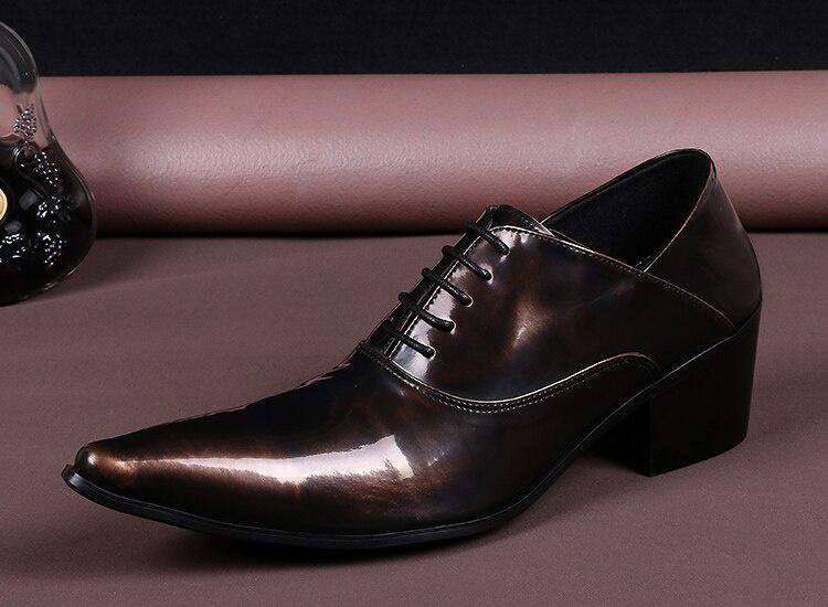 GOOSHOE Style Mens Dress Shoes Deep Coffee Color Leather Oxford Shoes For Men Lace Up Pointy Loafers High Heels