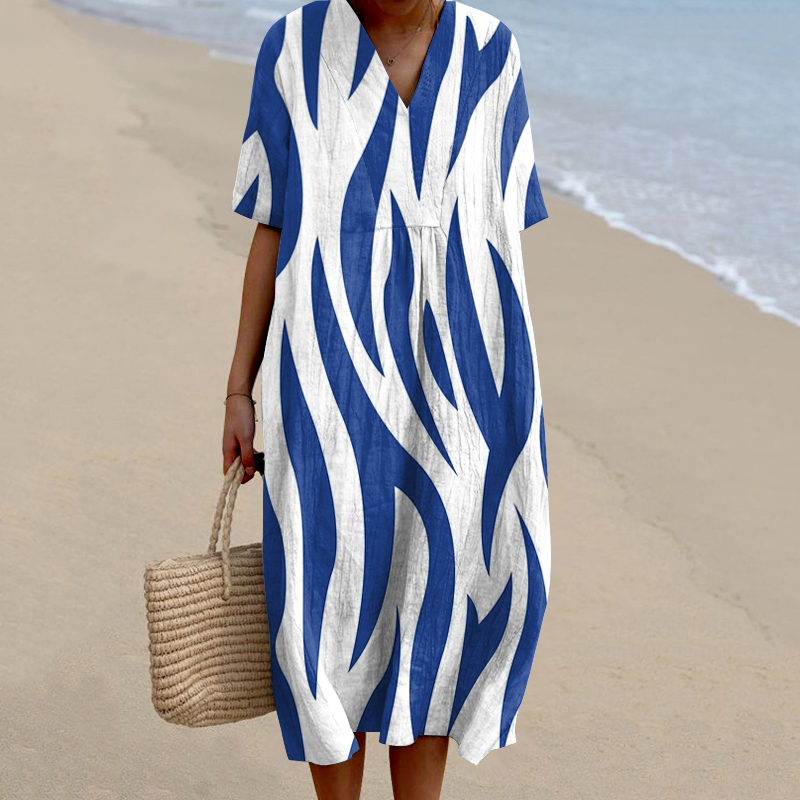 Comstylish Women'S Water Stripes Printed V Neck Casual Midi Dress