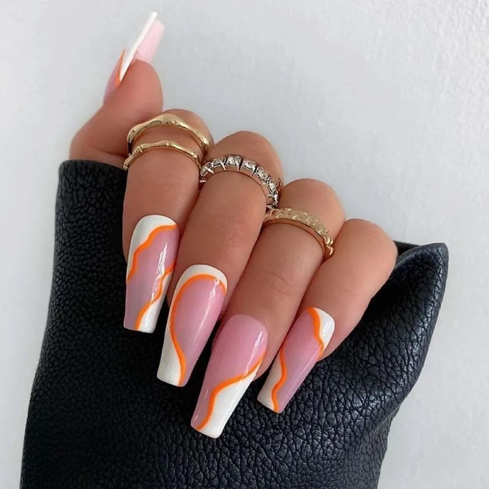 24pcs blue white Wavy lines Detachable Long Ballerina False Nails With Design Wearable Fake Nails Full Cover Nail Tips-Nail Inspo