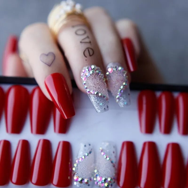 Manual phototherapy glitter Ombre Red Coffin Fasle nails Clear sparkle gel  Fake nails Gift box Reusable high quality-Nail Inspo