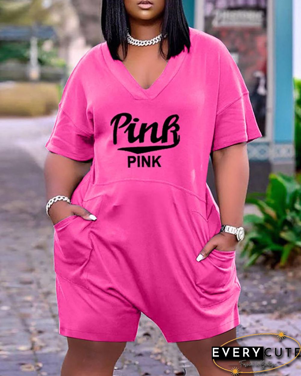 Pocket Design Letter Print Short Sleeve Romper