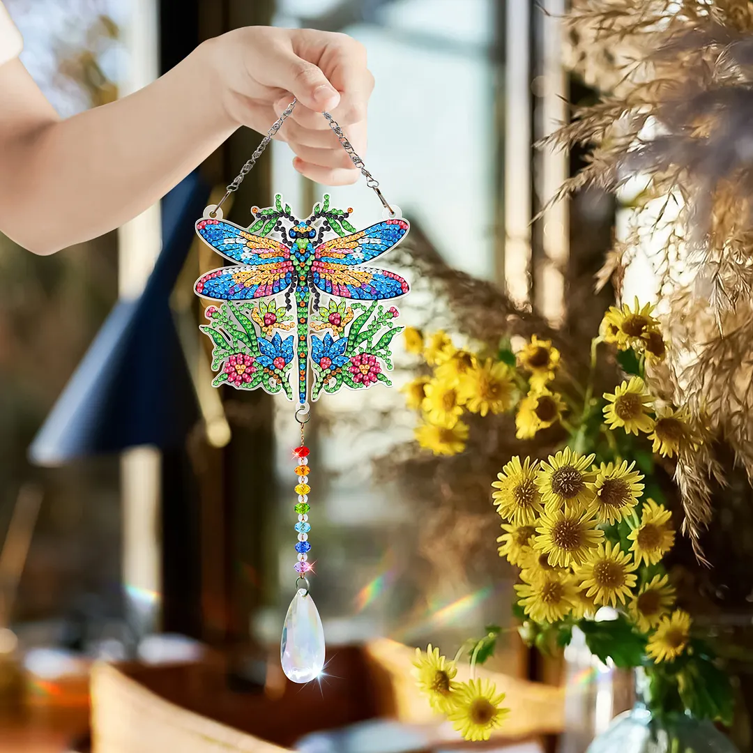 2Pcs Garden Dragonfly DIY Double-Sided Diamond Painting Hanging Kits Diamond Painting Suncatcher Craft Kit for Home Garden Wall Decor Gift