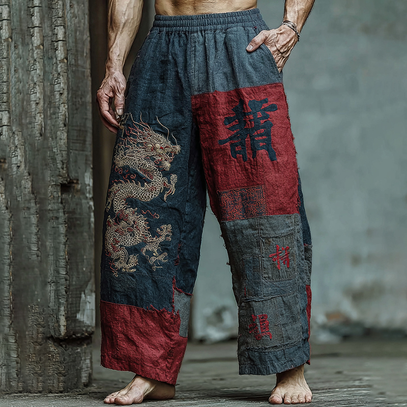 Men's Retro Japanese Dragon Art Patchwork Print Linen Blend Pants elevenforest