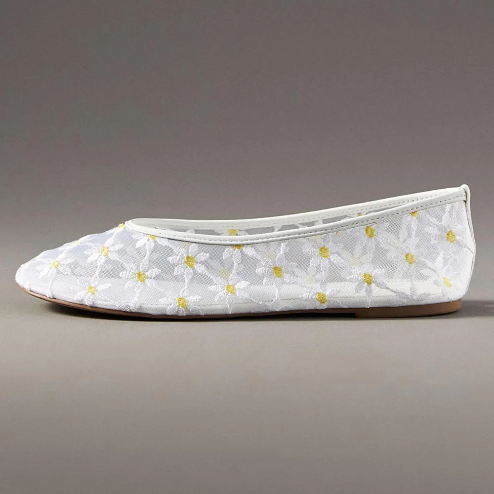 White Mesh Daisy Embroidered Round Toe Flat Shoes for Women