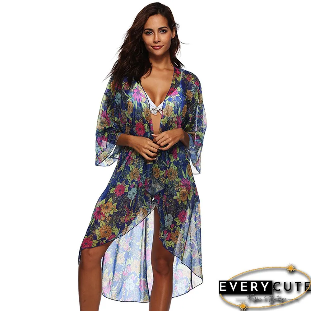 Multicolor Floral Print Chiffon Beach Cover Up