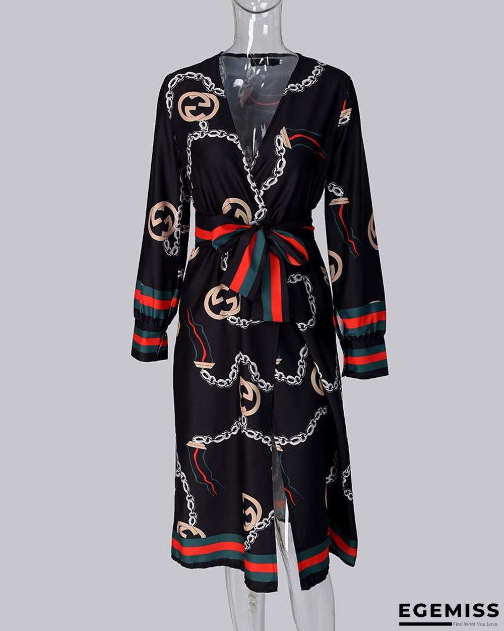 Long Sleeve Chain Baroque Print Dress Black Dresses | EGEMISS