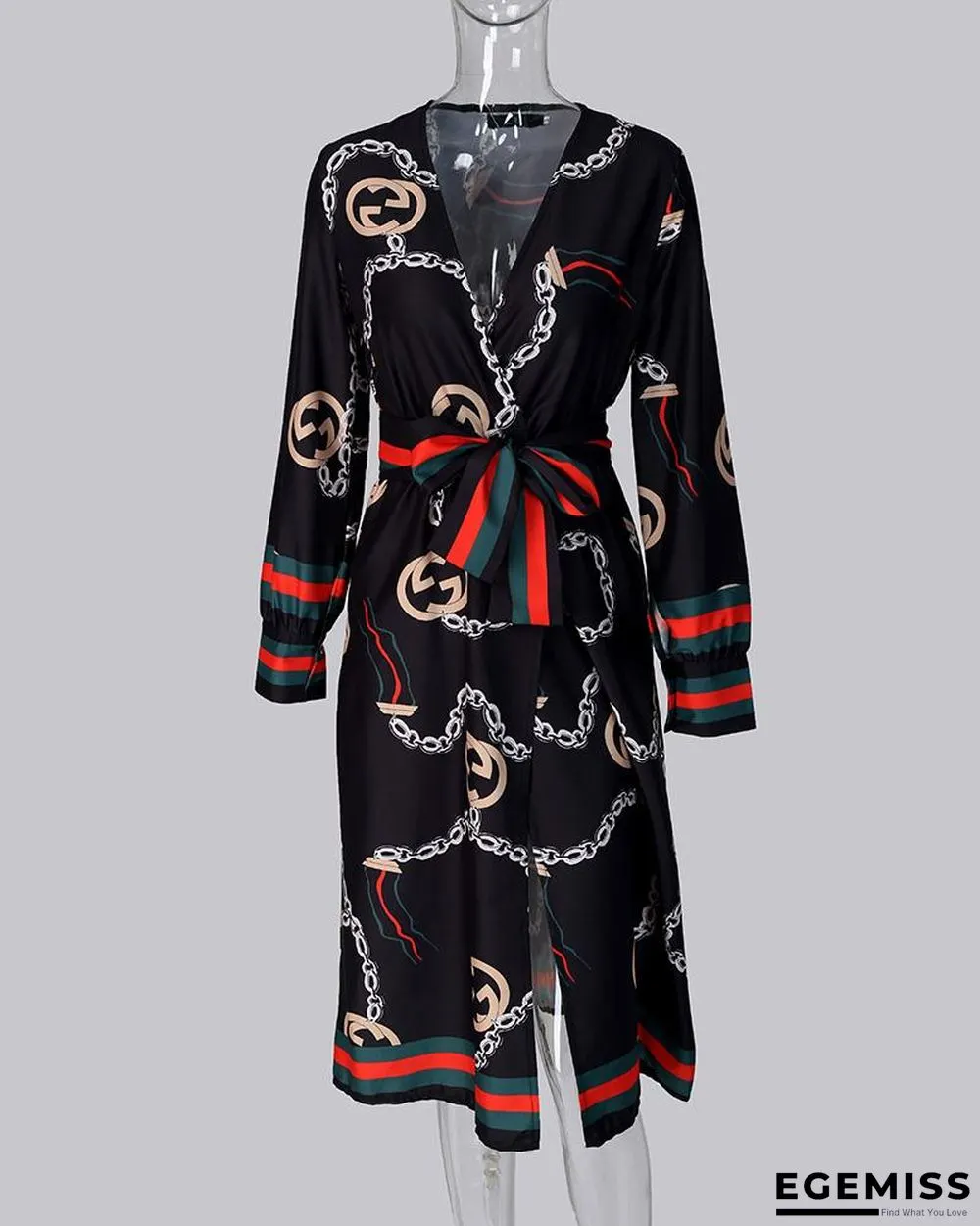 Long Sleeve Chain Baroque Print Dress Black Dresses | EGEMISS