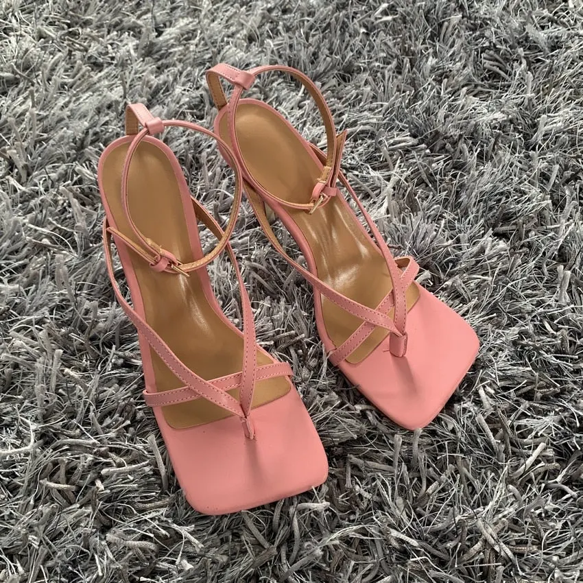 2020 Summer New Fashion Pinch Narrow Band Women Gladiator Sandal Shoes Ladies Square Open Toe Ankle Buckle Strap Stiletto Heels