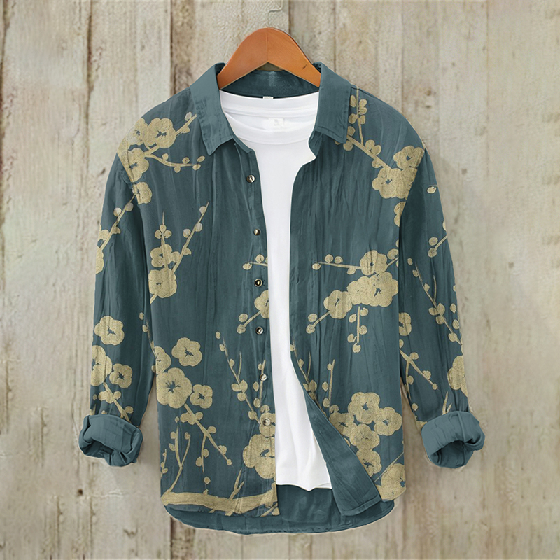 Men's Vintage Sakura Japanese Art Button Linen Blend Shirt  artssus