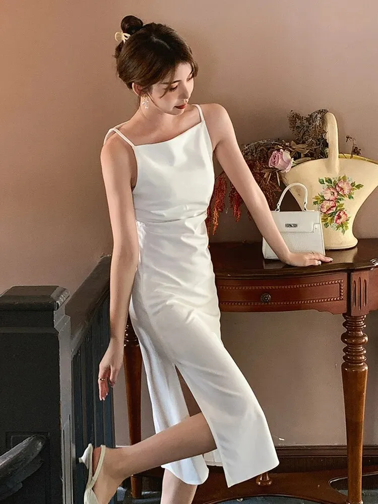 Brownm Summer Elegant Women Evening Dress Simple Solid Sexy Strap Slim Slit Midi Party Club Beach Prom Robe Femme Mujer Vestidos