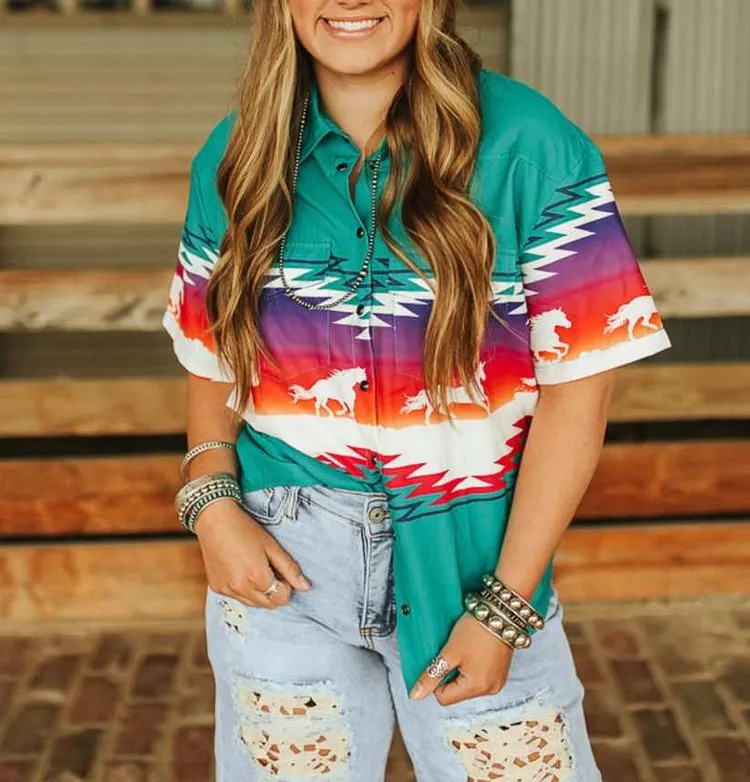 Women's western aztec Print Short Sleeve Shirt
