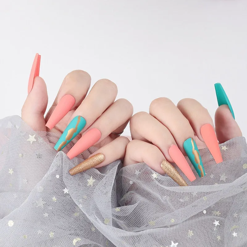 24pc Glitter Fake Nails Long Coffin Mixed Pink Blue Foils False Nails Fingernail DIY Ballerina Nail Decal Art Tips Press On Nail-Nail Inspo