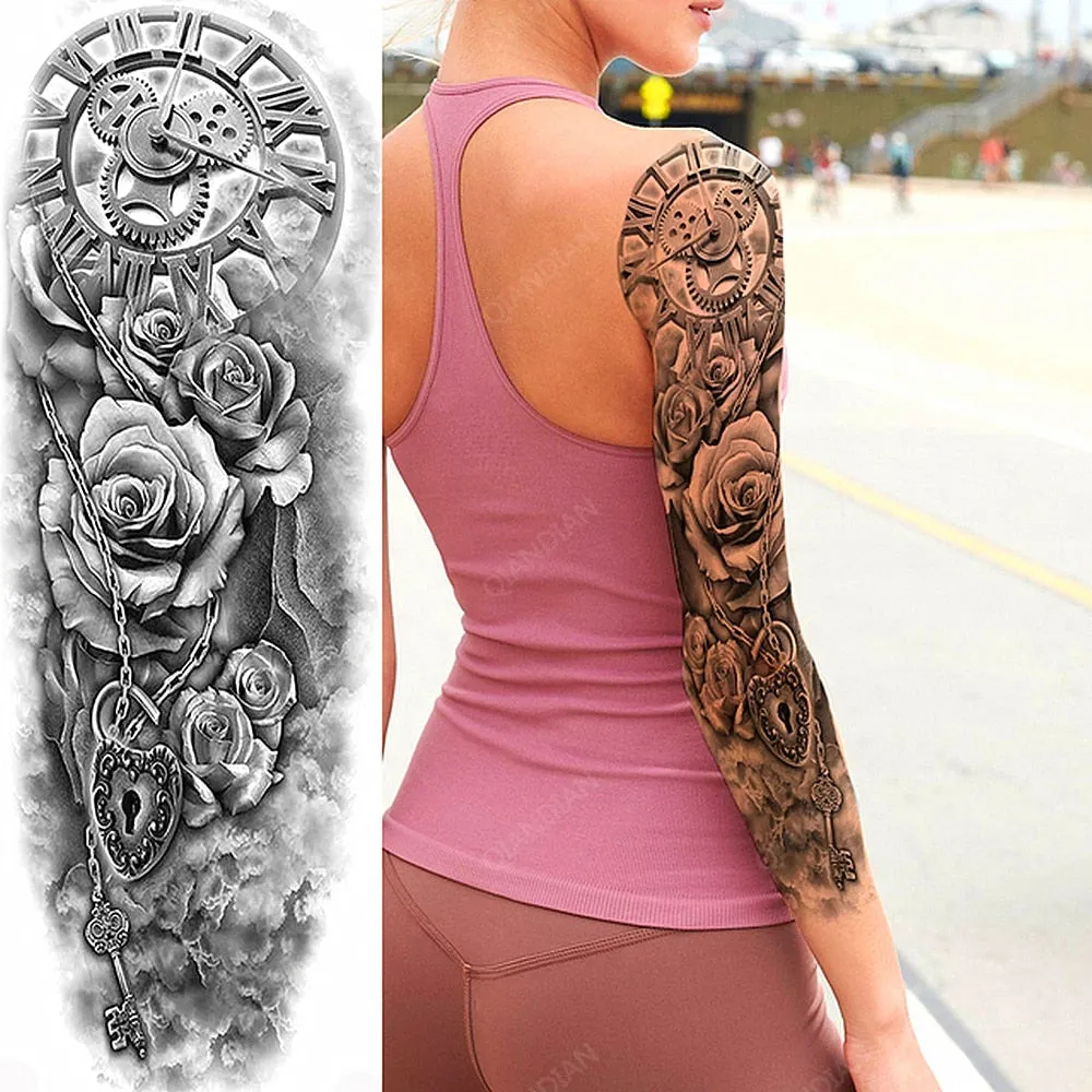 Large Arm Sleeve Tattoo Rose Lion Wolf Waterproof Temporary Tatto Sticker Flower Clock Waist Leg Body Art Full Fake Tatoo Women