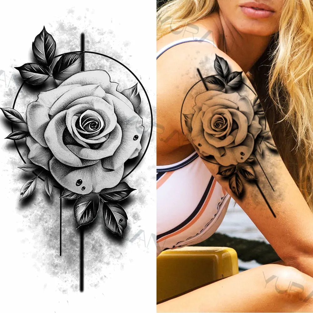 Black Large Snake Flower Fake Tattoo Sticker For Women Dot Rose Peony Temporary Tattoos DIY Water Transfer Tatoos Girls 530