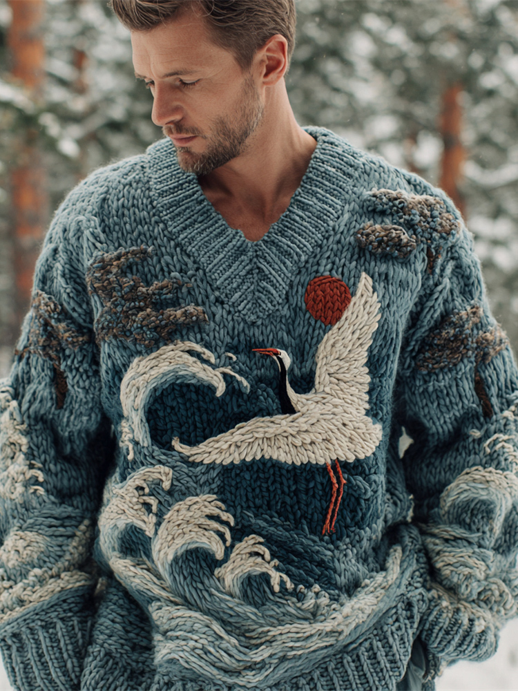 Vintage Japanese Crane & Ocean Art Men's Chunky Knit V-neck Sweater