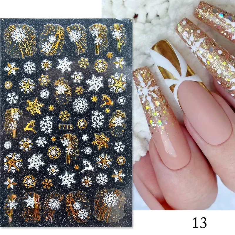 3D Christmas Nail Art Decoration Stickers Sparkly Gold White Colorful  Glitter Geometry Snowflake Winter Slider Nail Foils-Nail Inspo