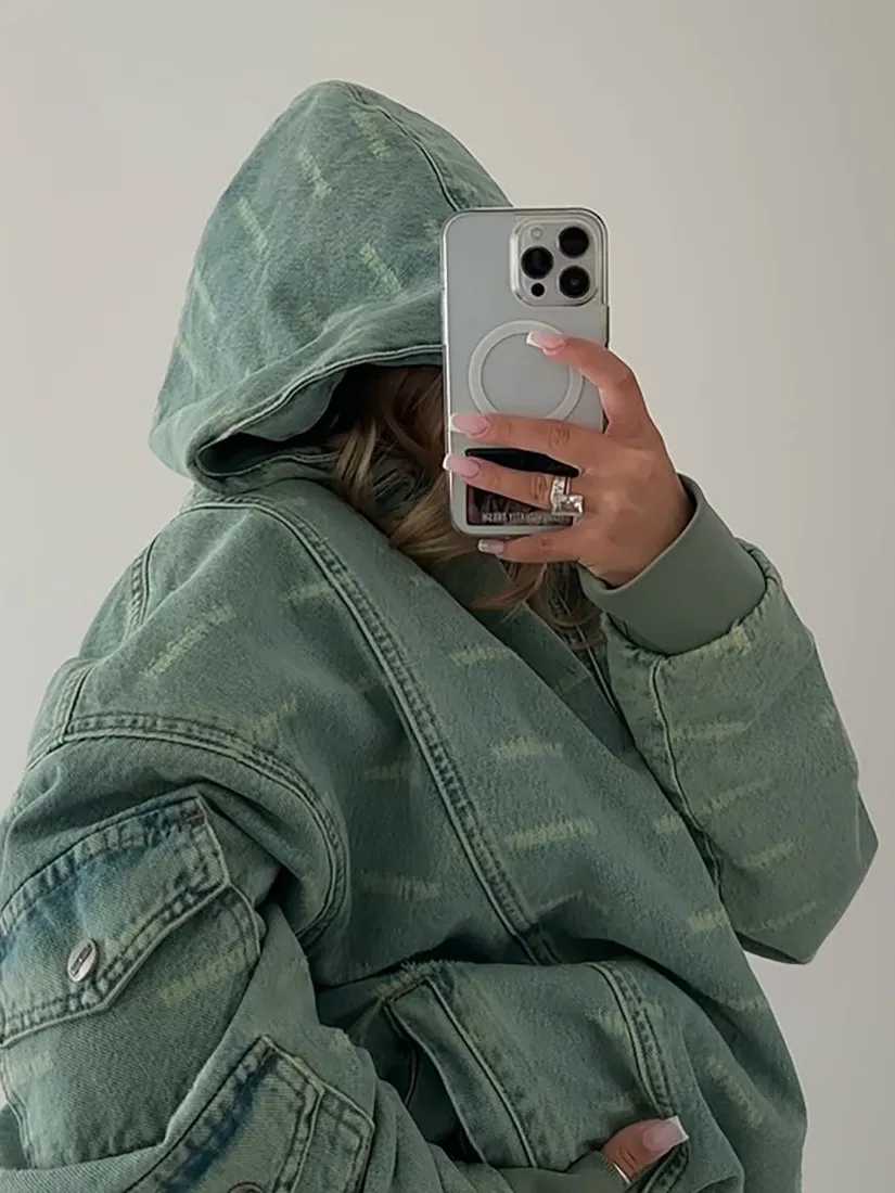 Athvotar Athvotar Retro Green Wear Denim Hooded Cotton Clothes Women Multi-Pocket Workwear Style Loose Version Of Autumn And Winter Fashion