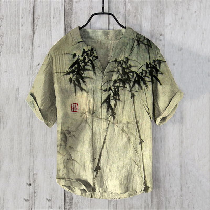 Men's Vintage Japanese Art Bamboo V Neck Casual Linen Blend Shirt  artssus