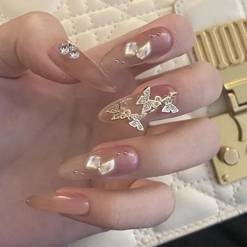 24pcs Butterfly Nail Patch Glue Type Removable Long Paragraph Fashion Manicure Wearable False Nails Patch With Glue Fake Nails-Nail Inspo