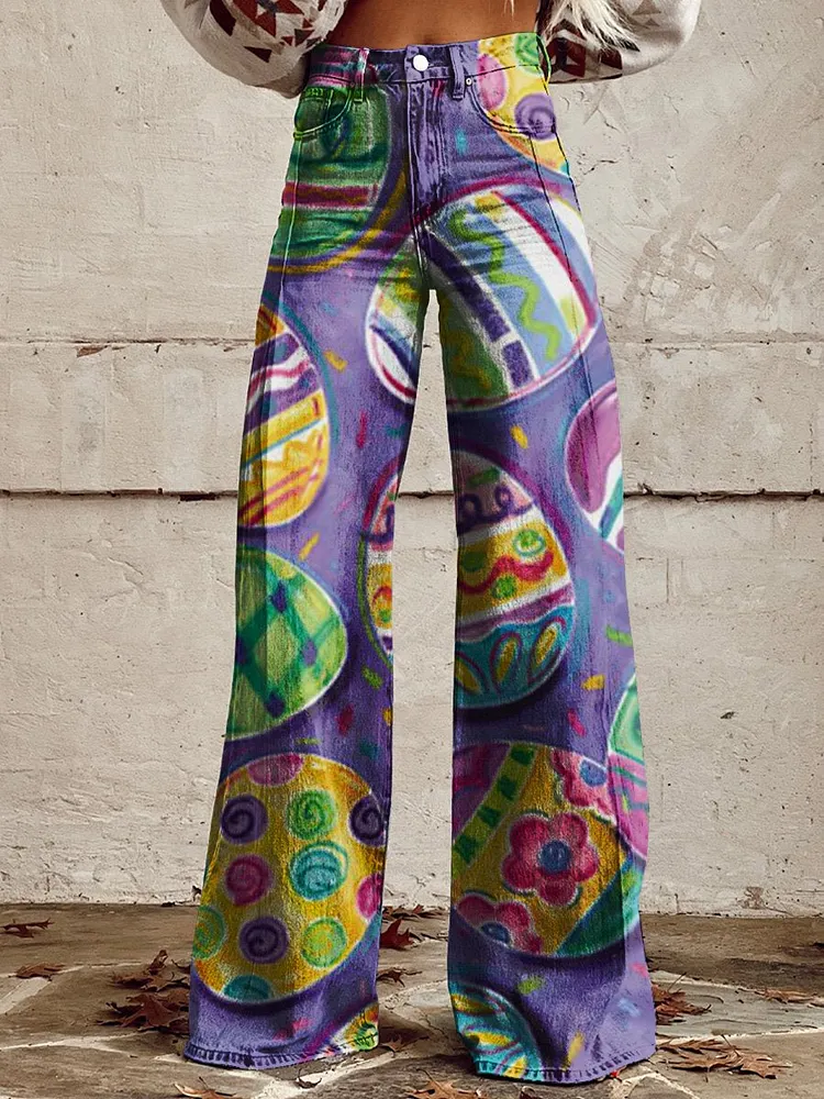 Women's  Easter Eggs Art Print Casual Wide Leg Pants
