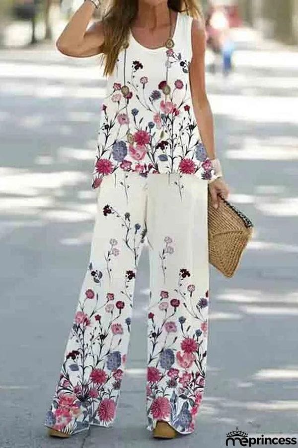Simply Flourishing Printed Loose Tank and Wide Leg Pants Set