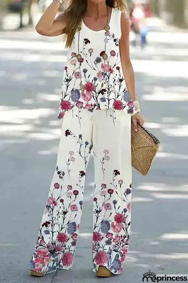Simply Flourishing Printed Loose Tank and Wide Leg Pants Set
