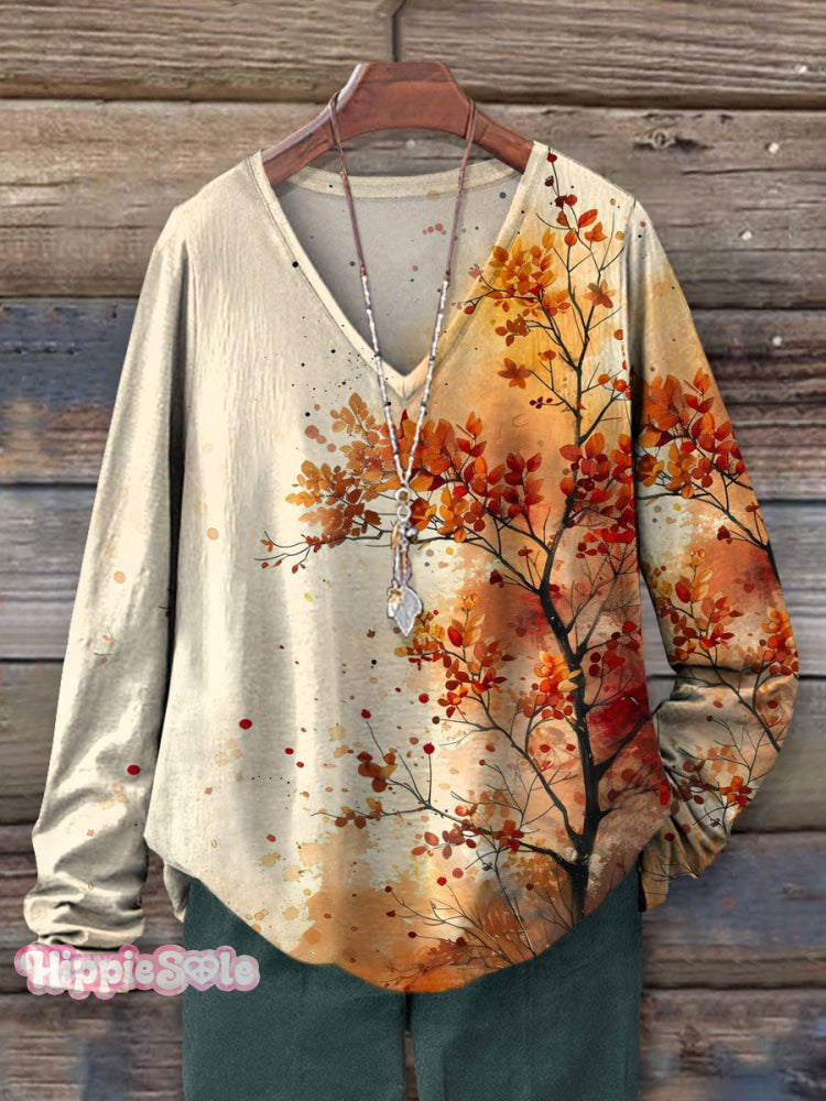 Women&rsquo;s Atumn Art Print 100% Cotton Casual V-Neck Long Sleeve Shirt Multicolor / S