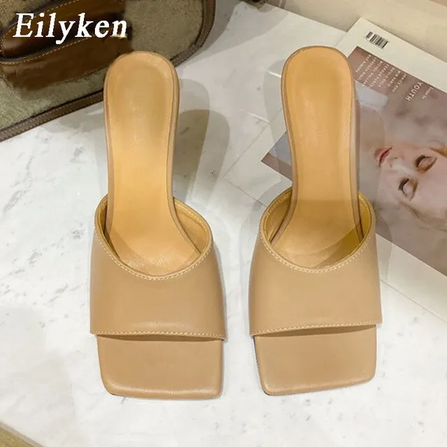 Eilyken 2022 New Summer Women's Mules Slippers Elegant Square Toe High Heels Slippers Ladies Slides Shoes Femme Zapatos Mujer
