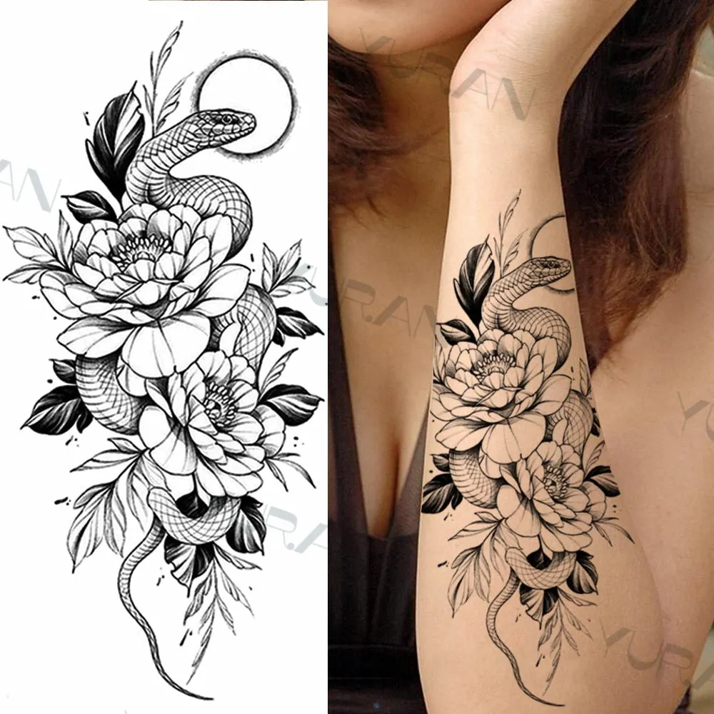 Black Large Snake Flower Fake Tattoo Sticker For Women Dot Rose Peony Temporary Tattoos DIY Water Transfer Tatoos Girls 530