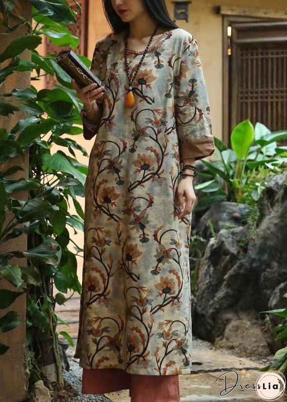 Women Brown Print Button Patchwork Cotton Dresses Bracelet Sleeve