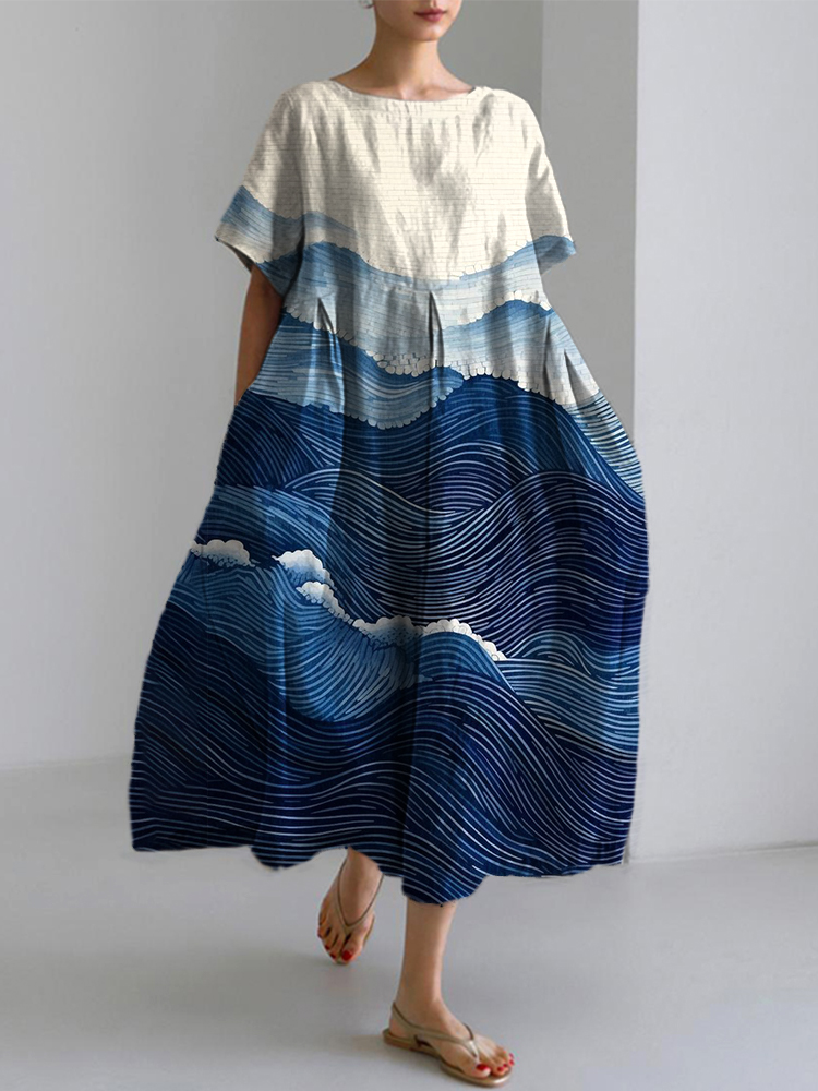 Vintage Japanese Art Sea Wave Linen Blend Maxi Dress